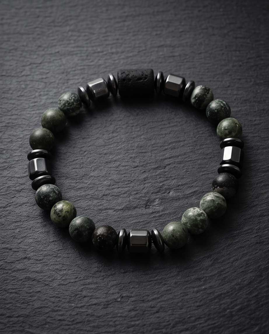 Bracelet homme en serpentine obsidienne et hématite