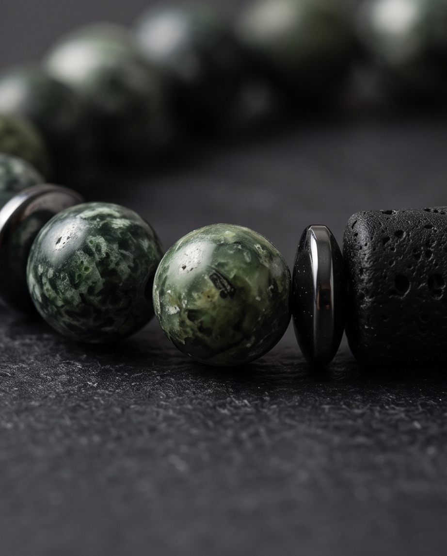 Bracelet homme en serpentine obsidienne et hématite