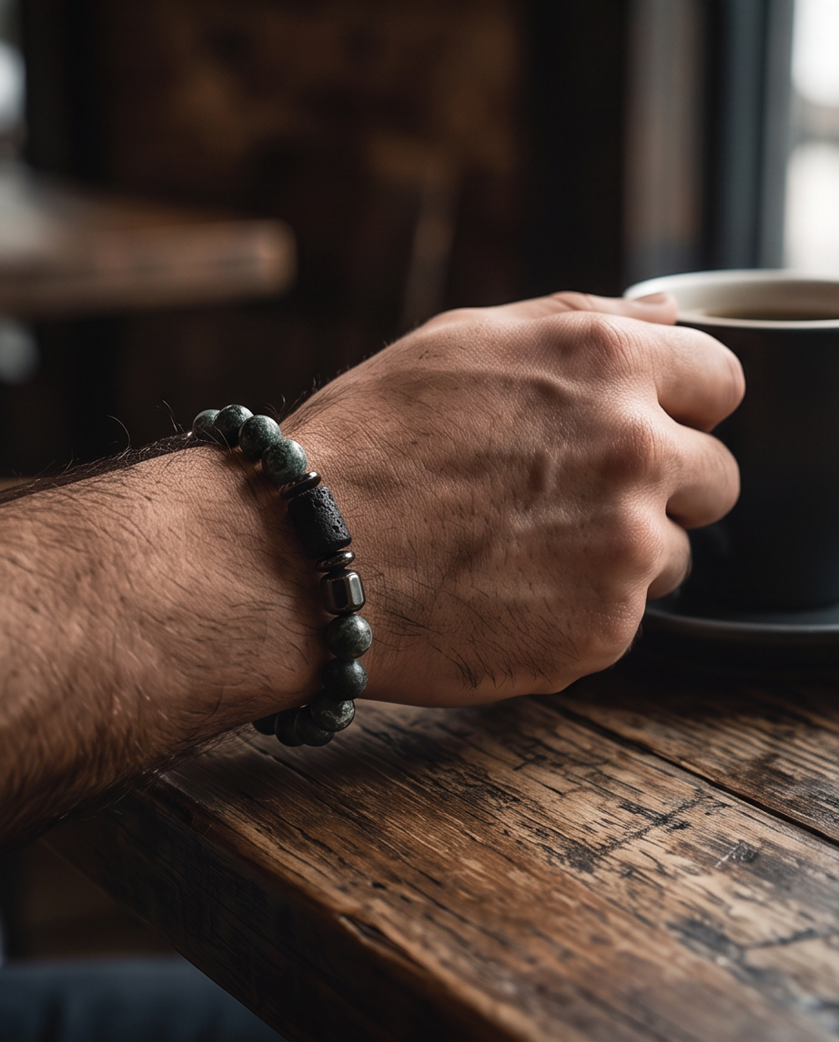 Bracelet homme en serpentine obsidienne et hématite
