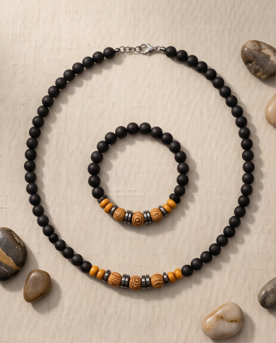 Parure agate noire eaglewood et hématite