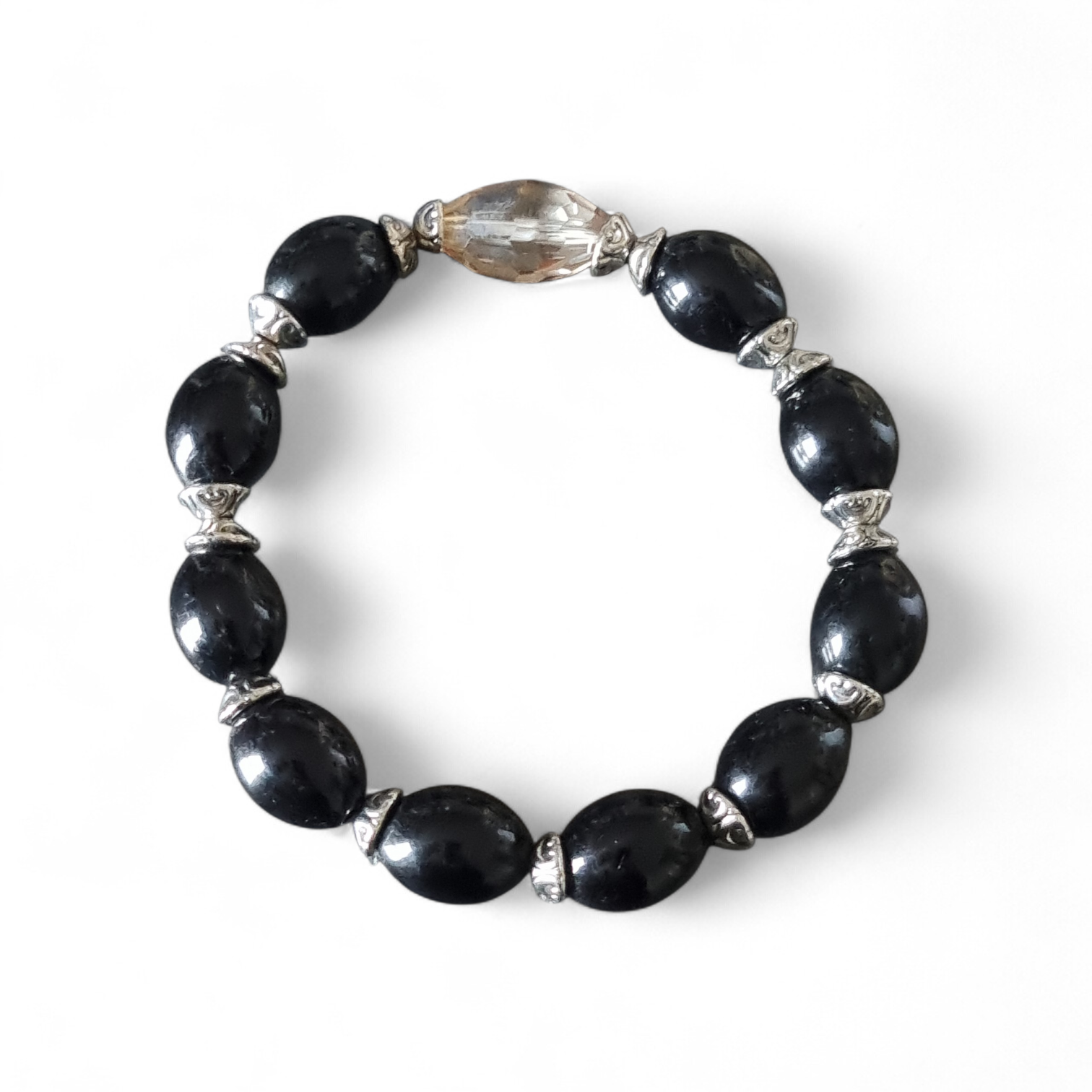 Bracelet noir et argent avec perle centrale – Élégance & caractère