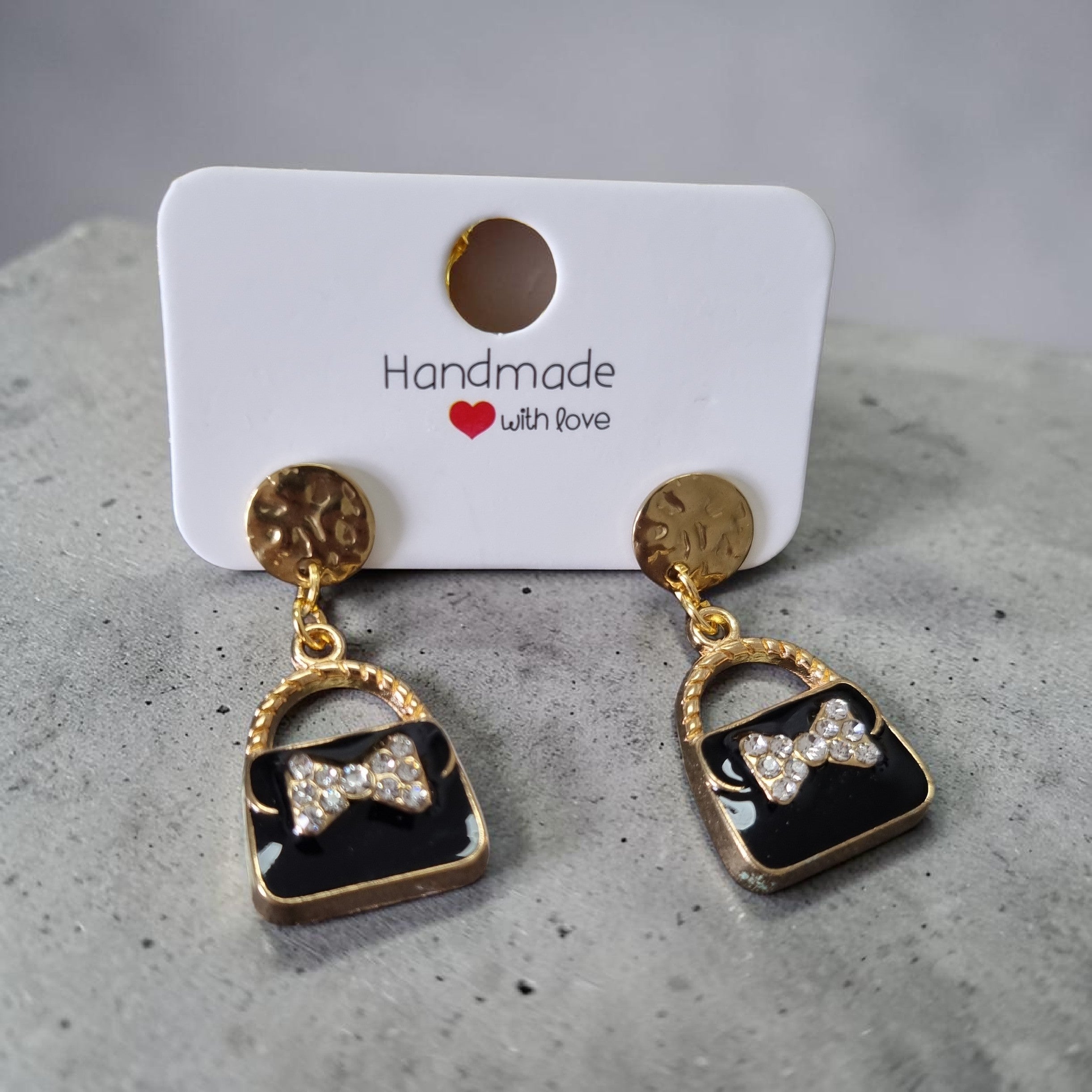 Boucles d'oreilles petit sac chic noir & doré
