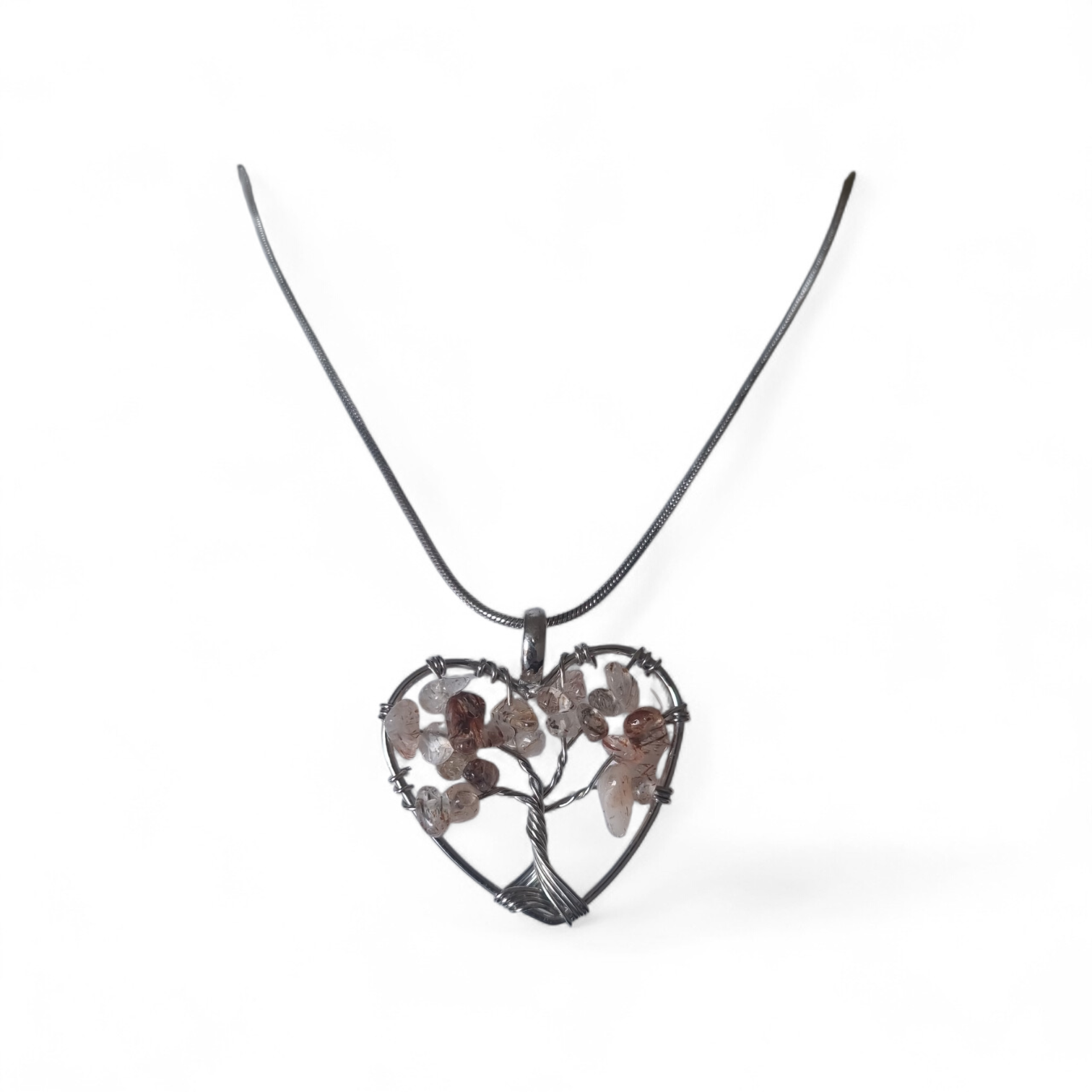 Collier cœur arbre de vie en quartz rose – Chaîne serpent argentée