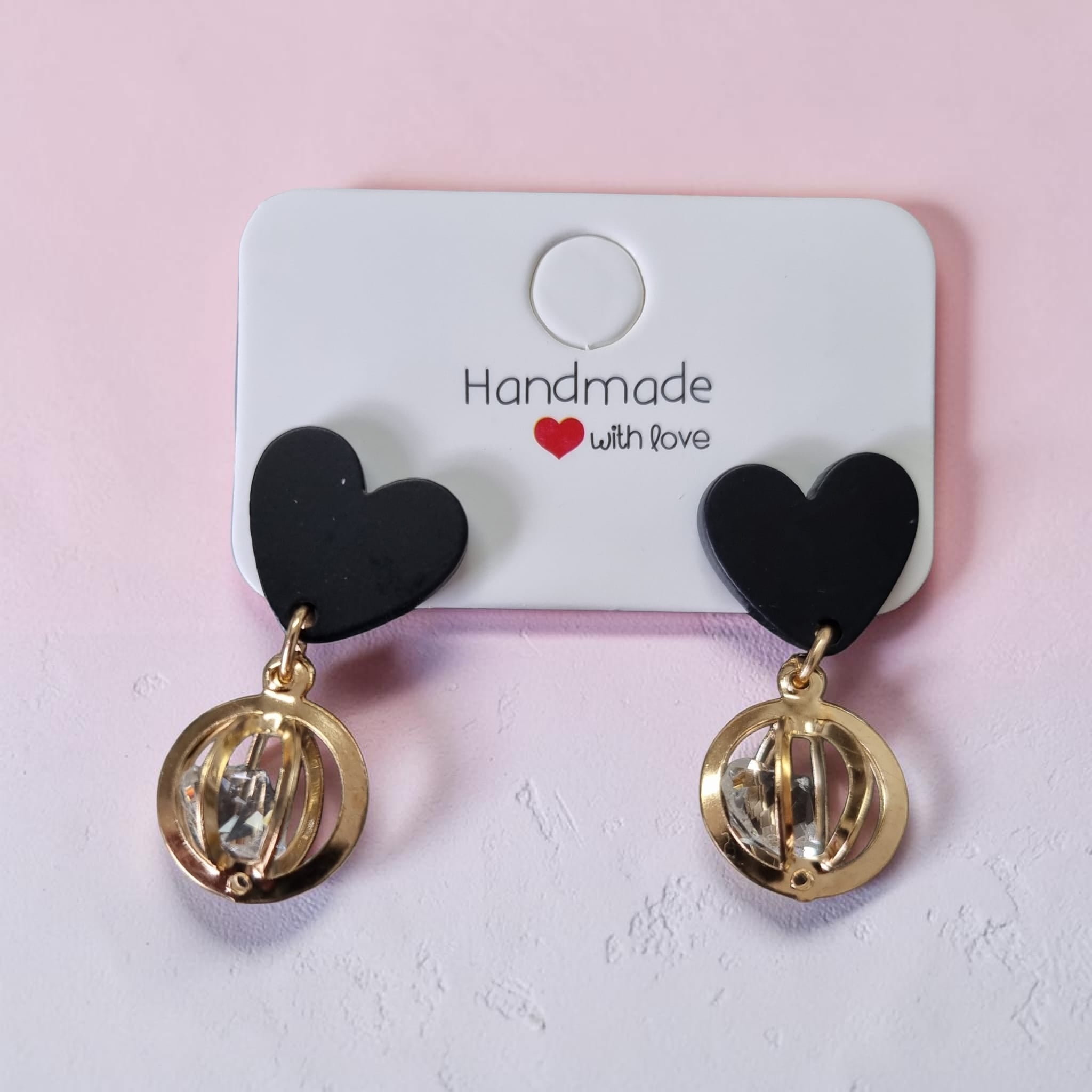 Boucles d'oreilles cœur noir & cristal doré