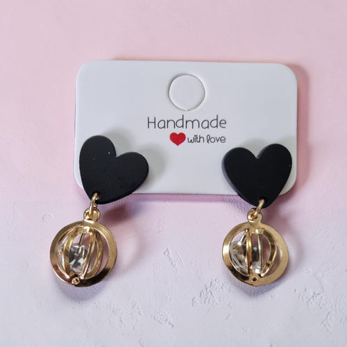 Boucles d'oreilles cœur noir & cristal doré