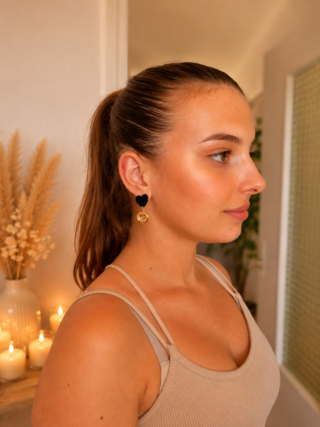Boucles d'oreilles cœur noir & cristal doré