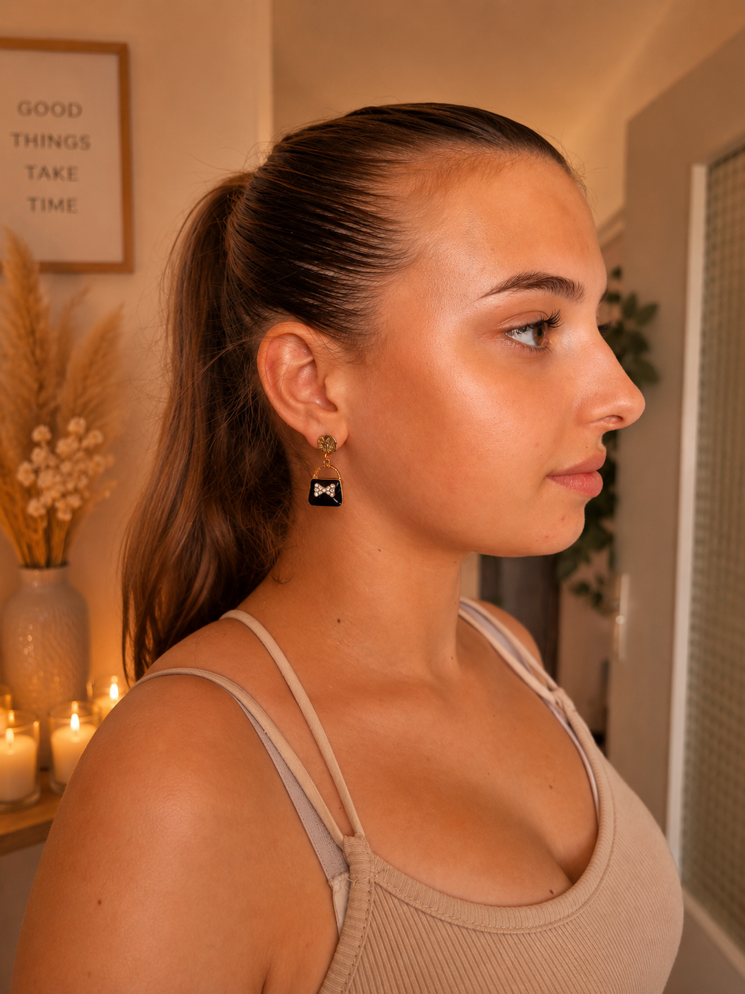 Boucles d'oreilles petit sac chic noir & doré