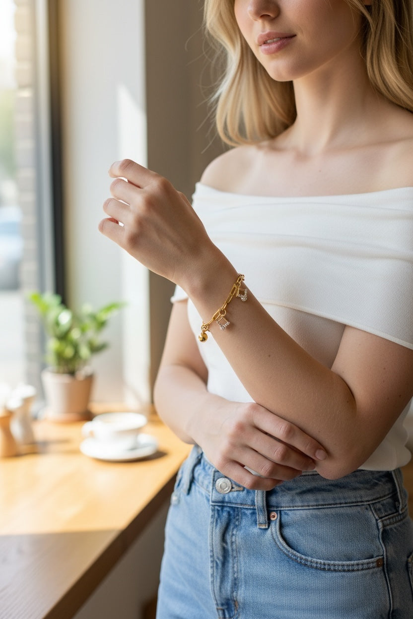 Bracelet La boutique d'Emma a maillons dores avec breloques geometriques en cristaux scintillants porte au poignet