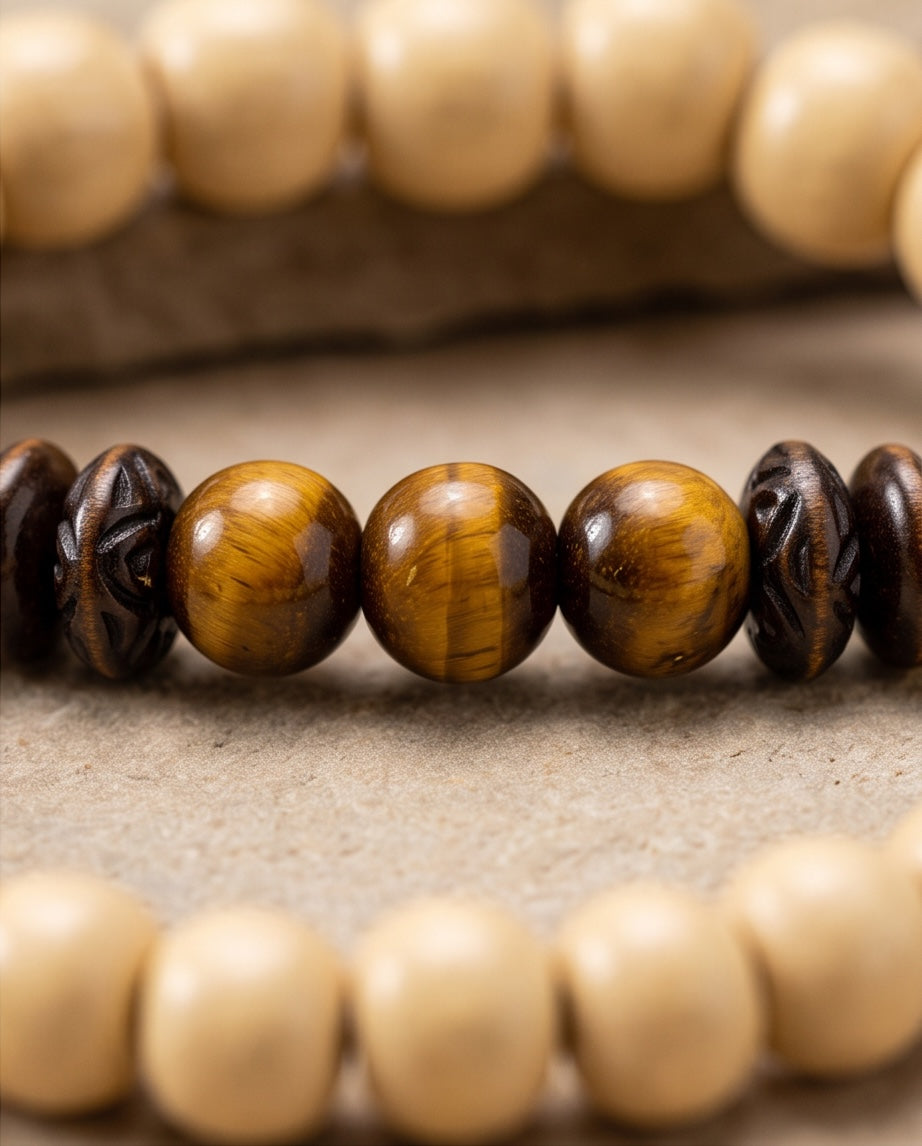 Bracelet La boutique d'Emma en perles de bois clair, bois sombre sculpté et pierres naturelles œil de tigre dorées.
