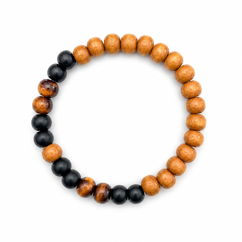 Bracelet élastique La boutique d'Emma en perles de bois clair, pierre noire mate et œil de tigre naturel
