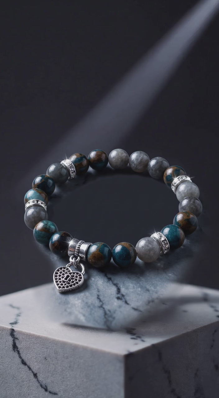 Bracelet en pierres naturelles et acier inoxydable avec cœur